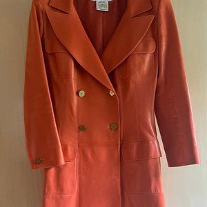 CHANEL 40 Coral Lambskin Leather Silk Coat